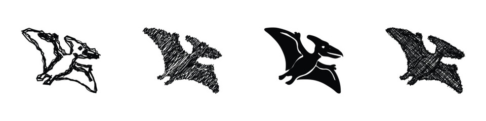 Four distinct black and white artistic interpretations of a flying pterodactyl, showcasing different drawing techniques and styles © Vova7