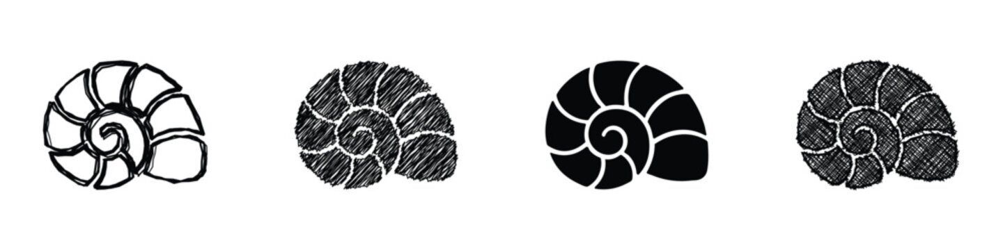 Four distinct artistic interpretations of an ammonite shell, ranging from a sketchy outline to a solid silhouette, presented on a white background