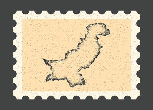 Vintage postage stamp with Pakistan map. Retro dotted stipple vector illustration of country borders on textured paper background illustration backdrop