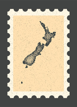 Vintage postage stamp with New Zealand map. Retro dotted stipple vector illustration of country borders on textured paper background illustration backdrop