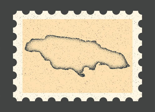 Vintage postage stamp with Jamaica map. Retro dotted stipple vector illustration of country borders on textured paper background illustration backdrop
