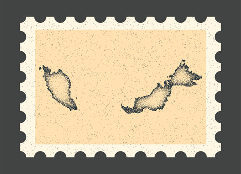 Vintage postage stamp with Malaysia map. Retro dotted stipple vector illustration of country borders on textured paper background illustration backdrop