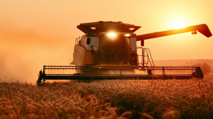 Fototapeta premium Harvesting Wheat at Sunset with a Combine Harvester in a Golden Field Under a Warm Sky Illuminated by the Glowing Sunlight