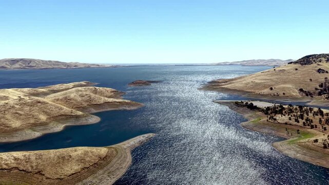 aerial pulling out from san luis reservoir in california