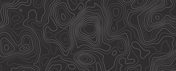 Obraz premium Black topographic map background. Abstract contour lines and terrain topography relief pattern vector for modern banner, minimal cover, and graphic design.