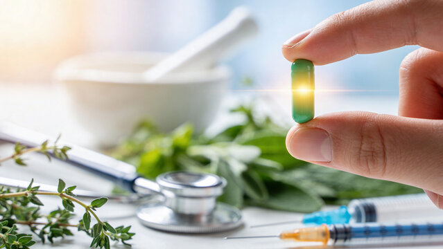  Integrative medicine concept, hand holding a green pill with herbs and medical tools