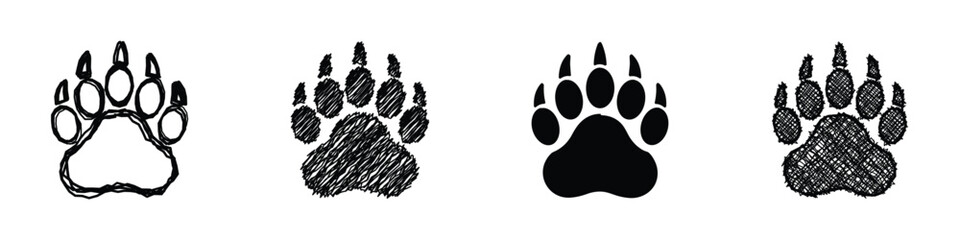 A set of four stylized bear paw prints, showcasing different artistic interpretations from sketch to solid silhouette © Vova7