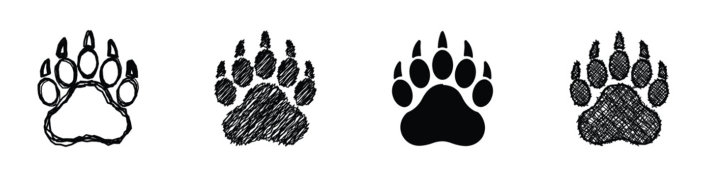 A set of four stylized bear paw prints, showcasing different artistic interpretations from sketch to solid silhouette