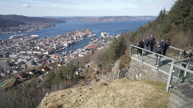 View of funicular and Bergen from Fl&Atilde;&cedil;yen Panorama viewpoint on a sunny day, Bergen, Vestland, Norway, Scandinavia, Europe