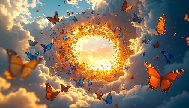 Monarch and blue morpho butterflies swirling around a sunlit hole in the clouds