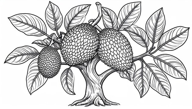 Line art botanical illustration of a jackfruit tree