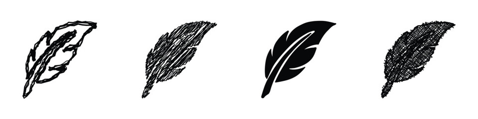 A set of four distinct feather graphics, showcasing varied artistic interpretations from rough sketches to solid silhouettes © Vova7