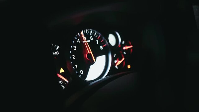 Car tachometer needle moving rapidly during high speed engine acceleration captured in this dynamic motion video
