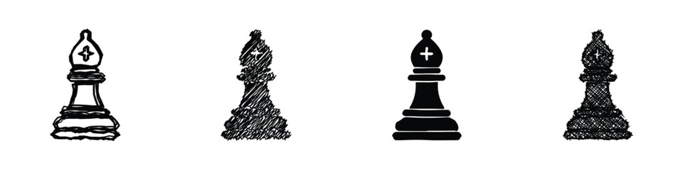 A collection of four chess bishop icons showcasing different artistic interpretations, from sketched to solid black © Vova7