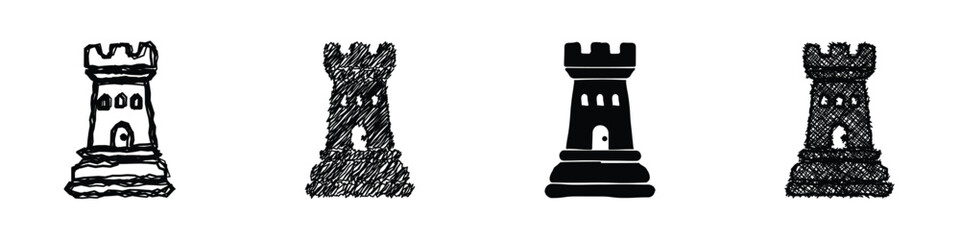 Four distinct representations of a chess rook piece, showcasing varied artistic interpretations from sketch to solid silhouette © Vova7