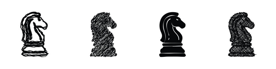 A collection of four chess knight game pieces rendered in varied artistic styles, from hand-drawn sketches to solid silhouettes and textured scribbles © Vova7
