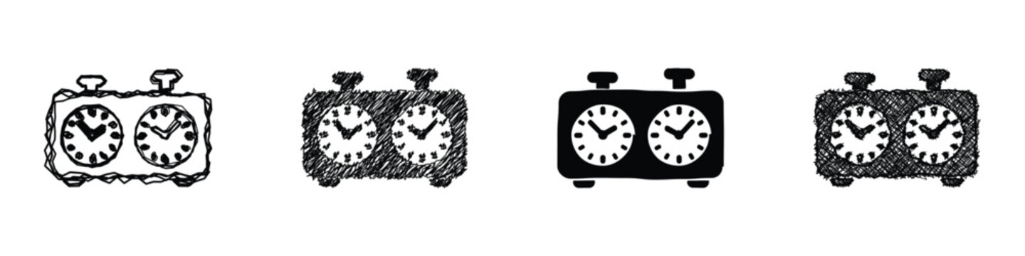 A set of four chess clocks, rendered in various sketchy and solid black and white artistic styles, representing different visual interpretations of the game timer