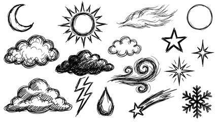 Obraz premium Various hand-drawn weather and celestial icons in a rough sketch style, including sun, moon, clouds, stars, and wind on a white background