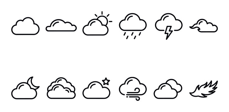 Collection of black outline weather icons depicting various atmospheric conditions like sunny, rainy, cloudy, and windy on a white background