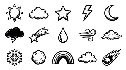 Obraz premium Collection of hand-drawn weather and celestial icons in black and white, featuring sun, clouds, stars, lightning, moon, and more, isolated on a clean white background