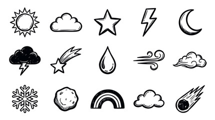 Obraz premium Hand-drawn black and white weather and celestial doodle icons are arranged neatly on a clean white background