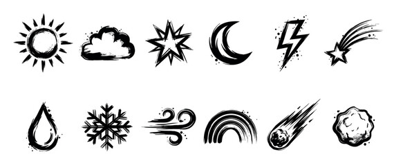Obraz premium Collection of hand-drawn weather and celestial icons in a grunge brush stroke style, isolated on a clean white background