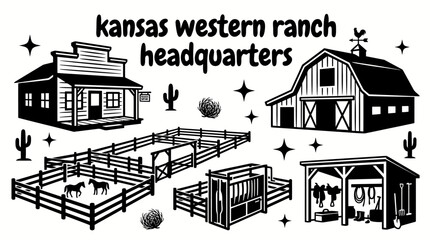 cowboy ranch headquarters in kansas featuring wooden corrals horse barns cattle pens ranch office western equipment storage and authentic frontier architecture creating a classic ranching © samira