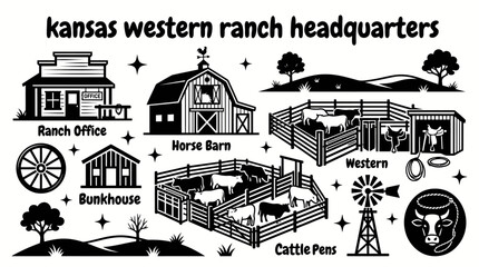 cowboy ranch headquarters in kansas featuring wooden corrals horse barns cattle pens ranch office western equipment storage and authentic frontier architecture creating a classic ranching © samira