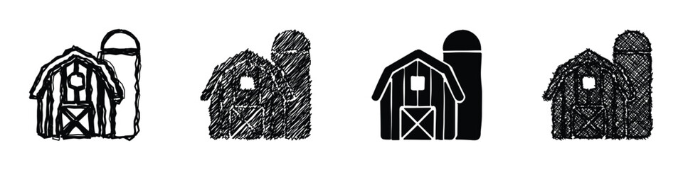 Four distinct graphic representations of a farm barn with an attached silo, showcasing different artistic interpretations from rough sketches to clean silhouettes © Vova7