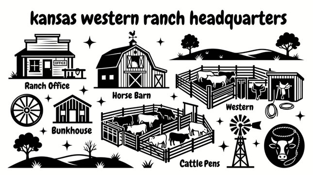 cowboy ranch headquarters in kansas featuring wooden corrals horse barns cattle pens ranch office western equipment storage and authentic frontier architecture creating a classic ranching
