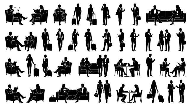 Airport terminal lounge silhouettes of travelers working on laptops and reading books
