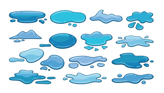 Water puddle cartoon vector illustration icon set. Blue liquid spills, rain drops, splash shapes, wet ground patches, fluid stains and aquatic elements.