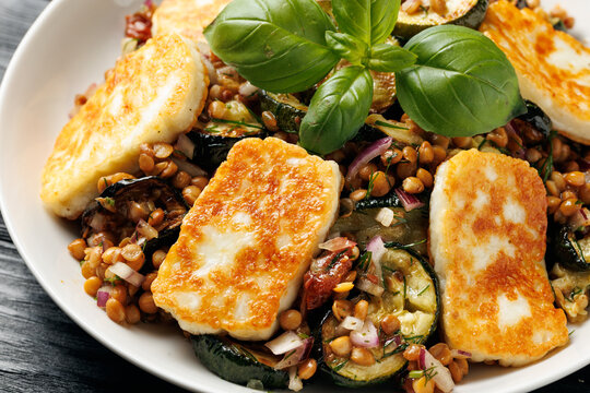 Halloumi and Lentil Salad with Roasted Courgettes