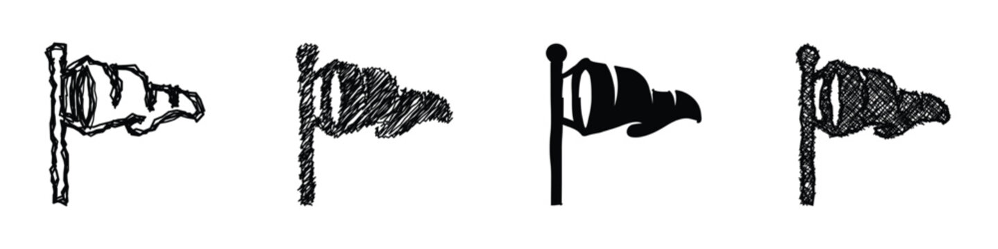A collection of four windsock illustrations in various artistic styles, including sketch and silhouette, representing wind direction