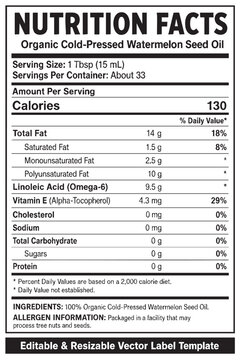 nutrition facts vector label template for organic cold-pressed watermelon seed oil