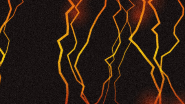 Bright orange and yellow lightning bolts flashing in the dark night sky