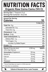 Fototapeta premium nutrition facts vector label template for organic raw camu camu powder