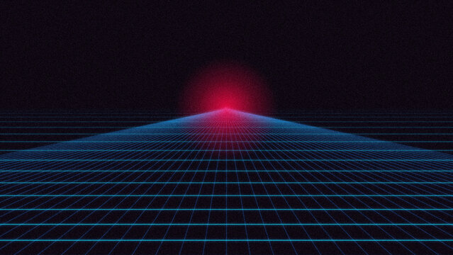 Retro pixel art landscape with glowing red sun and futuristic digital grid floor