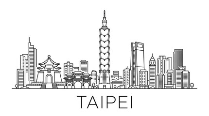 Obraz premium Taipei Skyline Black and White Illustration - Famous Buildings Outline