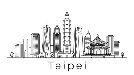 Obraz premium Taipei Skyline Illustration: Modern Cityscape and Traditional Architecture Line Art