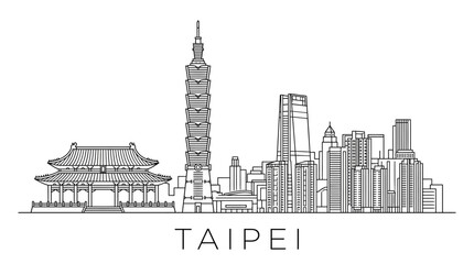 Obraz premium Taipei skyline illustration. Landmark buildings, modern skyscrapers, traditional temple landmark.