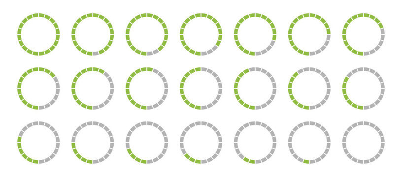 Progress bar. Template of green and grey color fill pie charts indicator. Round graph loading progress. Circle diagrams icons for infographics without numbers. Round percentage infographic