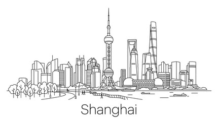 Obraz premium Shanghai Skyline Outline Vector Illustration - Modern City Architecture
