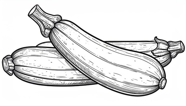 Hand drawn line art illustration of two whole zucchinis.
