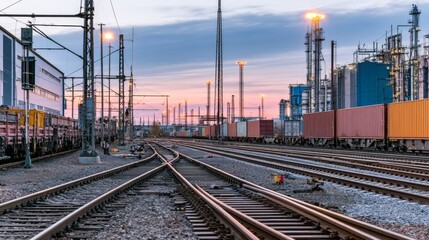 Fototapeta premium Industrial Railway Yard at Dusk with Freight Trains and Beautiful Sky in Background, Transport and Logistics Scene