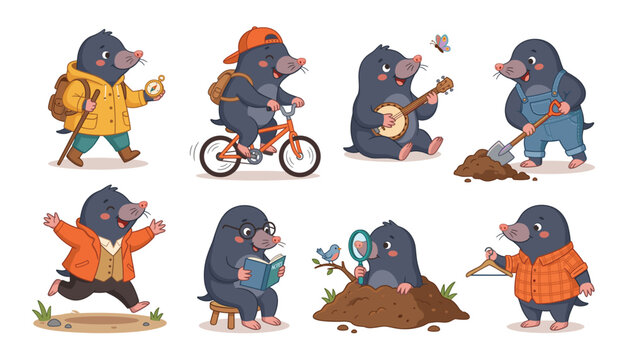 Cute cartoon mole character vector set. Animal mascot doing various activities including hiking, cycling, playing banjo, digging soil, reading and exploring.