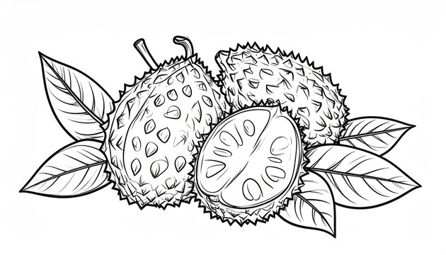 Hand drawn soursop fruit group sketch featuring sliced graviola.