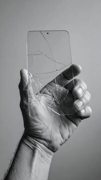 Hand holding a shattered transparent smartphone screen glass.