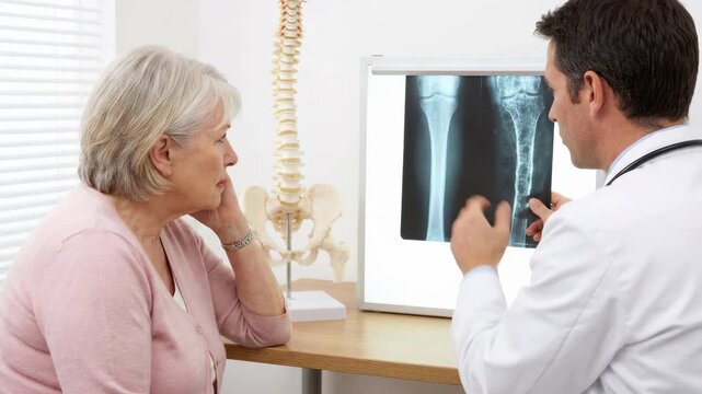 Skeletal disease explanation: osteoporosis diagnose, bone density, medical consult, patient concern, doctor inform, fragile structure, health problem, elder woman.