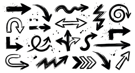 Fototapeta premium Collection of various black hand-drawn grunge arrows with ink splatters on a clean white background